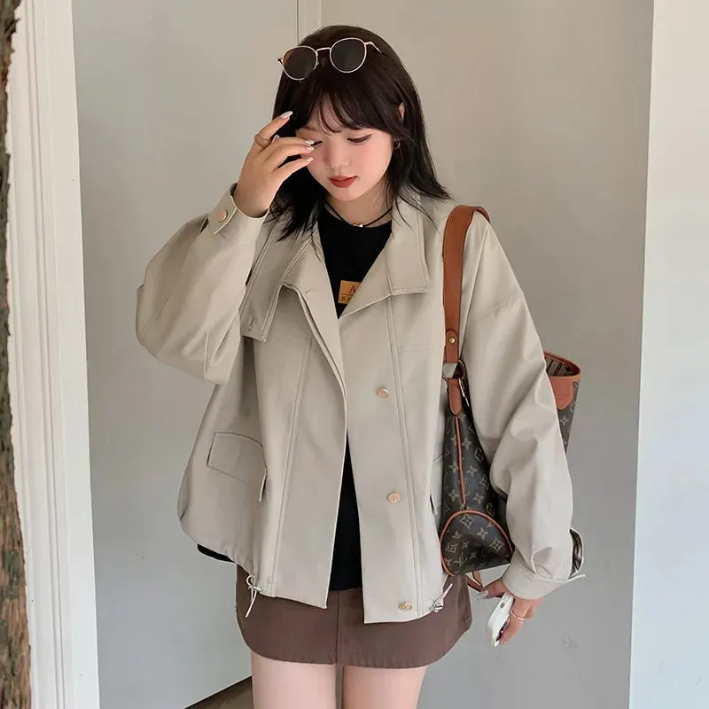 cold weather outfits Joskaa Plus Size K2498 Maillard Style Women's Leather Jacket Plus Size Casual Stand Collar Cropped Top Sweet Loose Fit Big Size T-Shirt