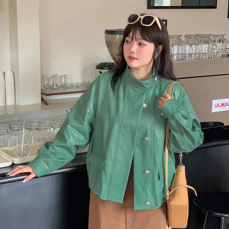 cold weather outfits Joskaa Plus Size K2498 Maillard Style Women's Leather Jacket Plus Size Casual Stand Collar Cropped Top Sweet Loose Fit Big Size T-Shirt