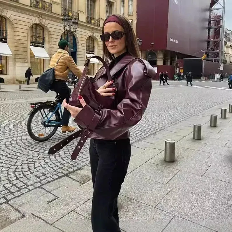 cold weather outfits Joskaa Vintage Lapel Women's Leather Jacket Cross-Border Hot Sale Selling Fast Fashion European And American Style Coat For Winter