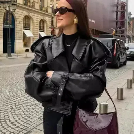 cold weather outfits Joskaa Vintage Lapel Women's Leather Jacket Cross-Border Hot Sale Selling Fast Fashion European And American Style Coat For Winter
