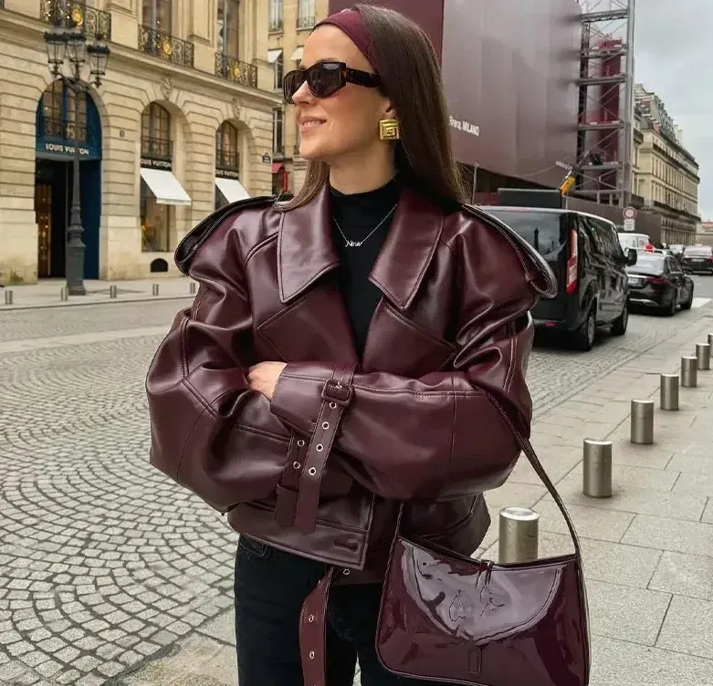 cold weather outfits Joskaa Vintage Lapel Women's Leather Jacket Cross-Border Hot Sale Selling Fast Fashion European And American Style Coat For Winter