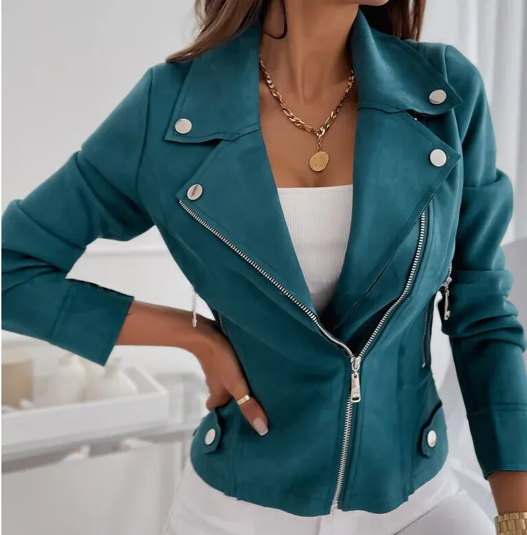 cold weather outfits Joskaa Women's Cropped Lapel Zipper Jacket Slimming European Style Leather Velvet Short Coat Fashionable Cross-Border Trade New Model