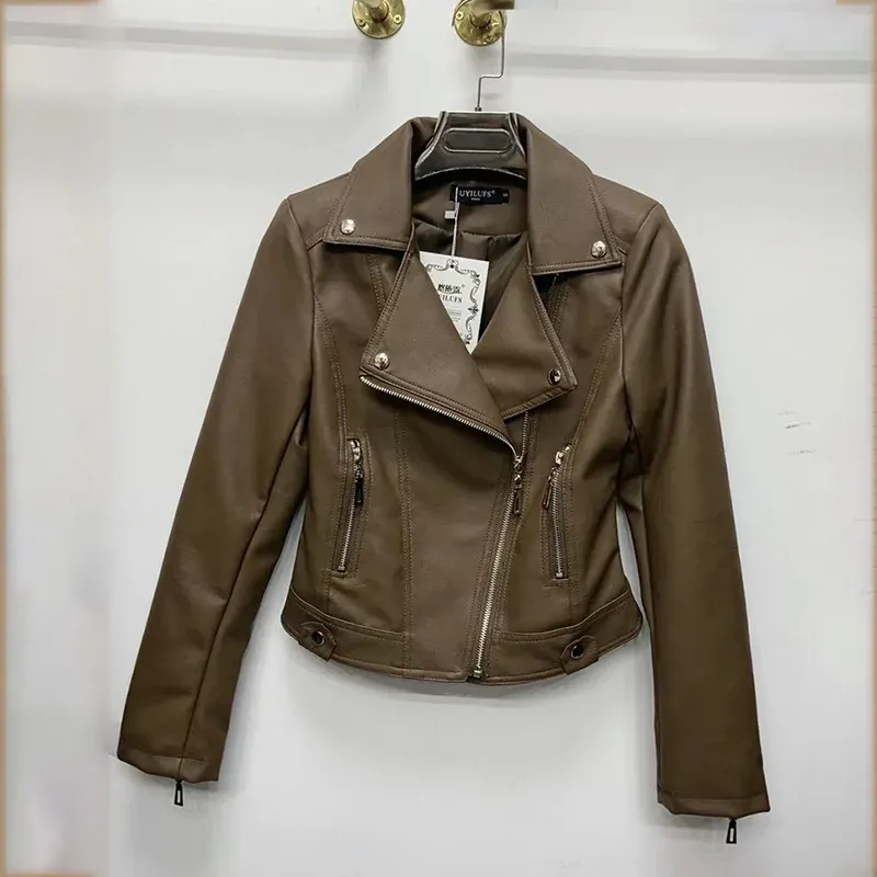 cold weather outfits Joskaa Women's Spring Autumn 2024 New Style Leather Jacket Slimming Petite Motorcycle Clothing Cropped Top For Smooth Silhouette