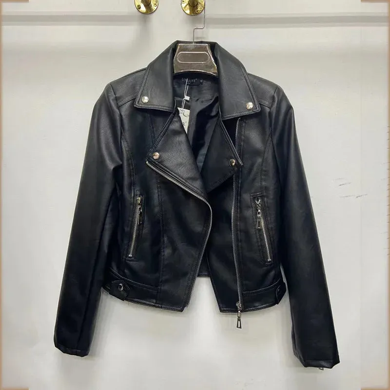 cold weather outfits Joskaa Women's Spring Autumn 2024 New Style Leather Jacket Slimming Petite Motorcycle Clothing Cropped Top For Smooth Silhouette