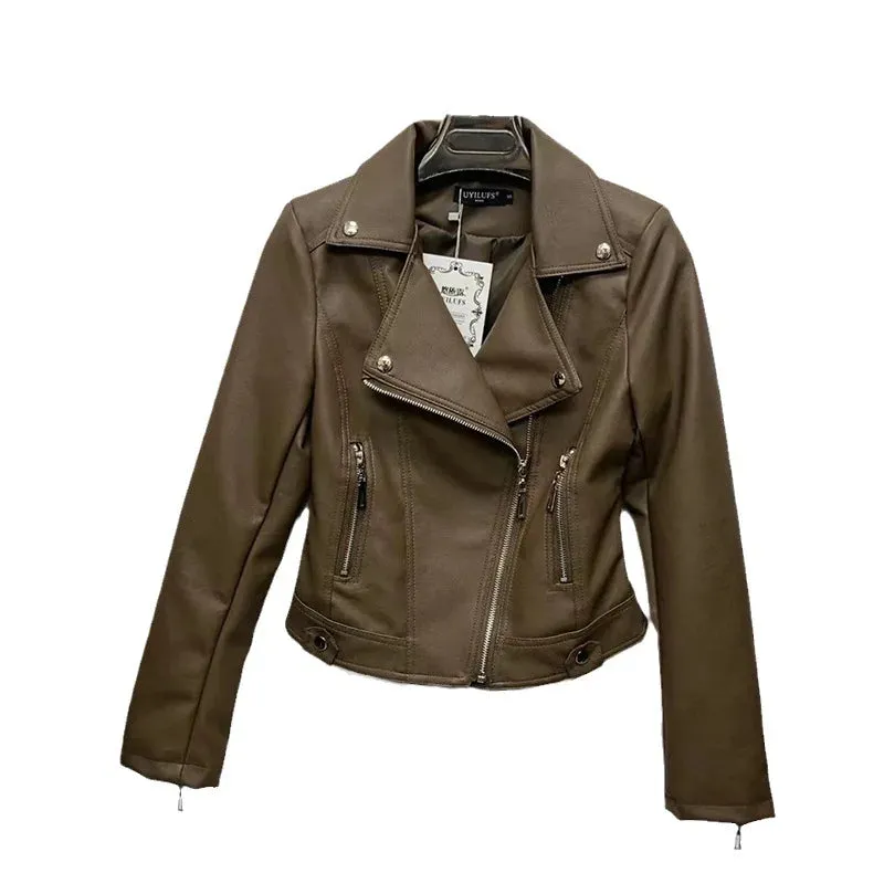 cold weather outfits Joskaa Women's Spring Autumn 2024 New Style Leather Jacket Slimming Petite Motorcycle Clothing Cropped Top For Smooth Silhouette