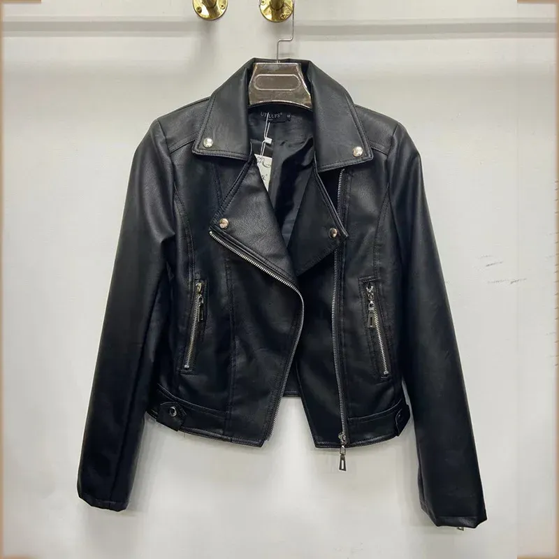 cold weather outfits Joskaa Women's Spring Autumn 2024 New Style Leather Jacket Slimming Petite Motorcycle Clothing Cropped Top For Smooth Silhouette