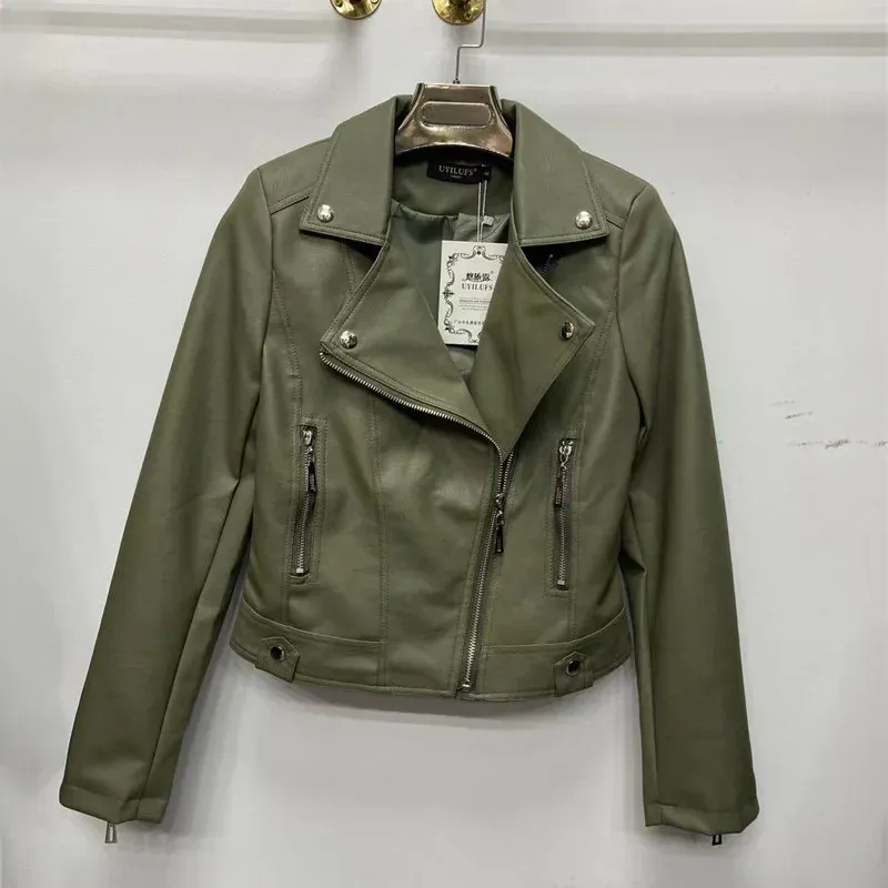 cold weather outfits Joskaa Women's Spring Autumn 2024 New Style Leather Jacket Slimming Petite Motorcycle Clothing Cropped Top For Smooth Silhouette