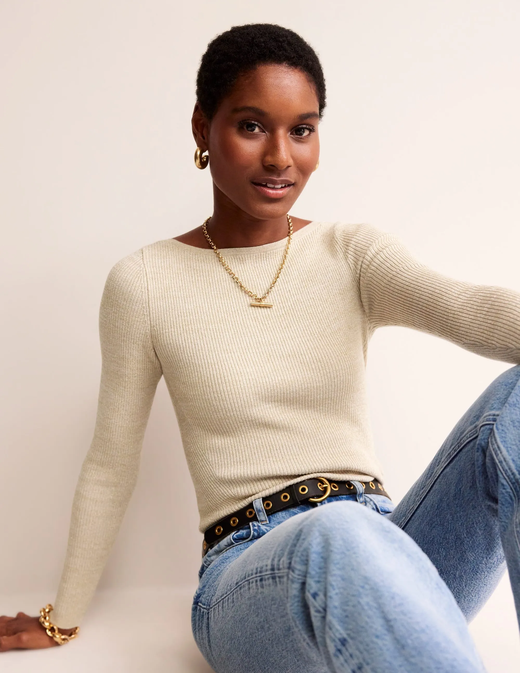 Cotton Rib Boat Neck Jumper-Gold Metallic