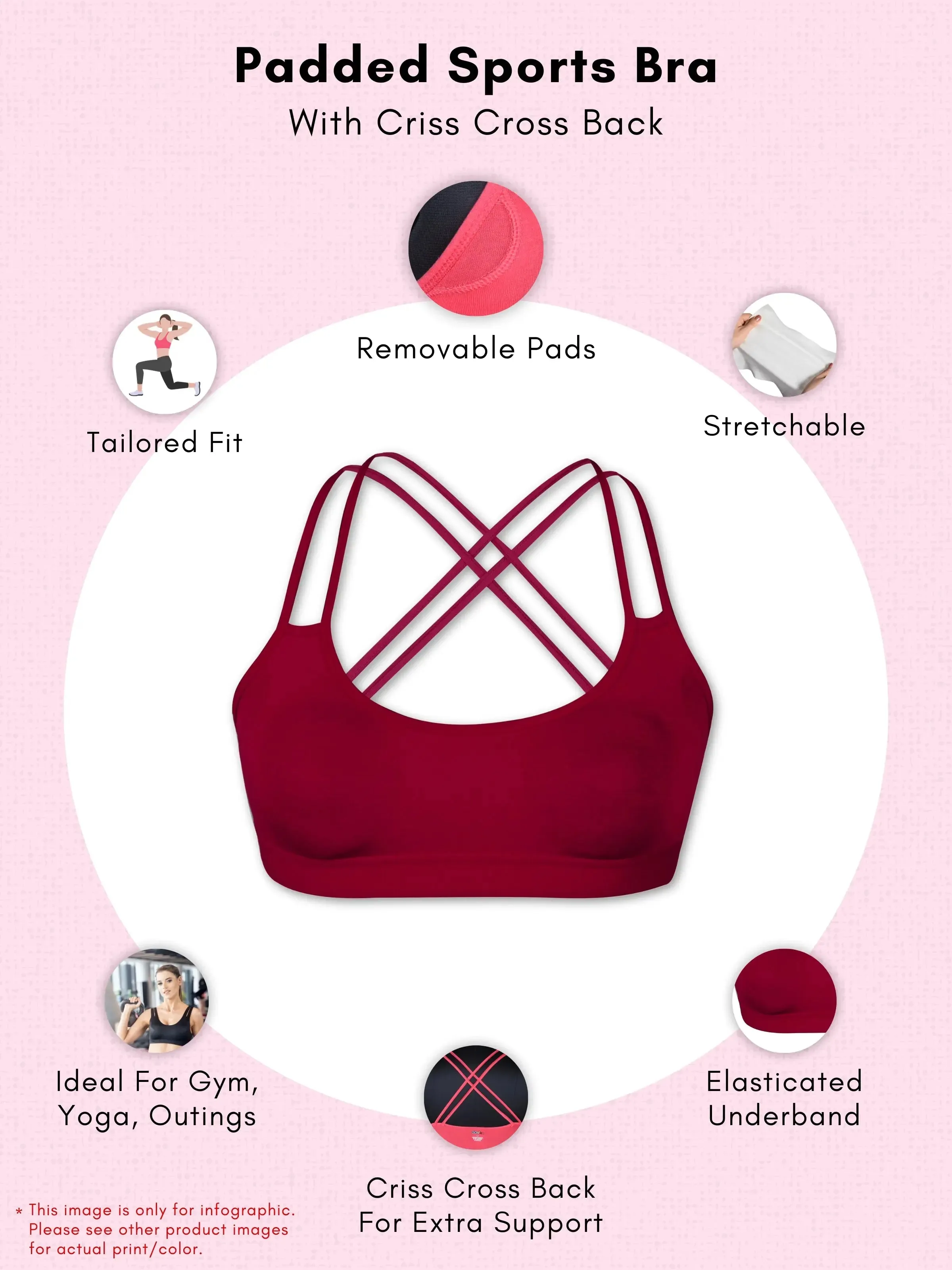 Cotton Sports Bra with Criss Cross Back in Light Pink & Skin - Removable Pads, Elastic Underband & Good Support