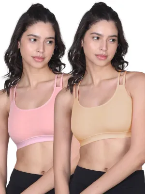 Cotton Sports Bra with Criss Cross Back in Light Pink & Skin - Removable Pads, Elastic Underband & Good Support