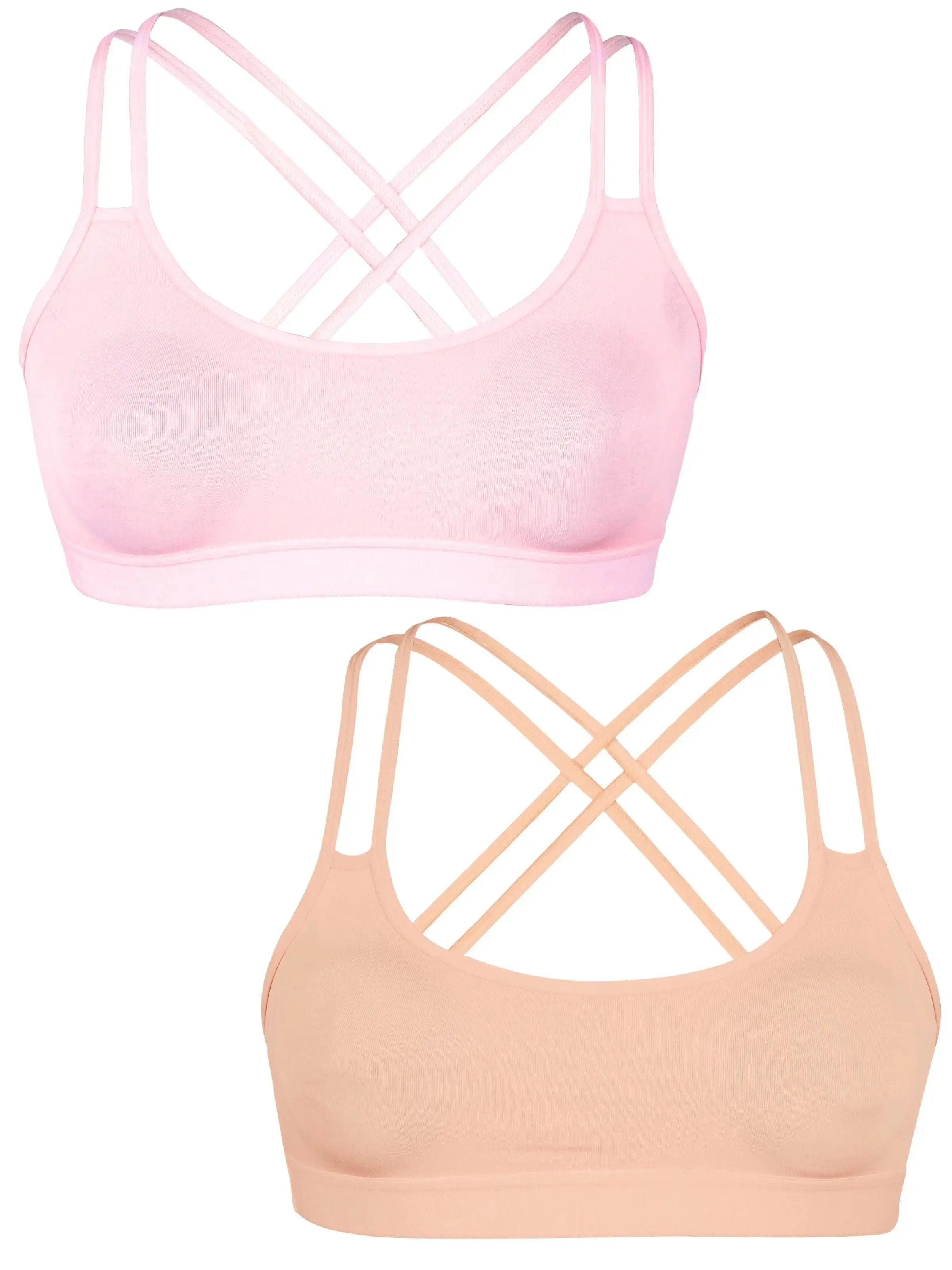 Cotton Sports Bra with Criss Cross Back in Light Pink & Skin - Removable Pads, Elastic Underband & Good Support