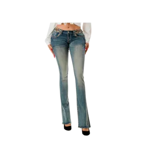 Grace Women's Multiple Colorful Embroidery Mid Rise Bootcut Jeans