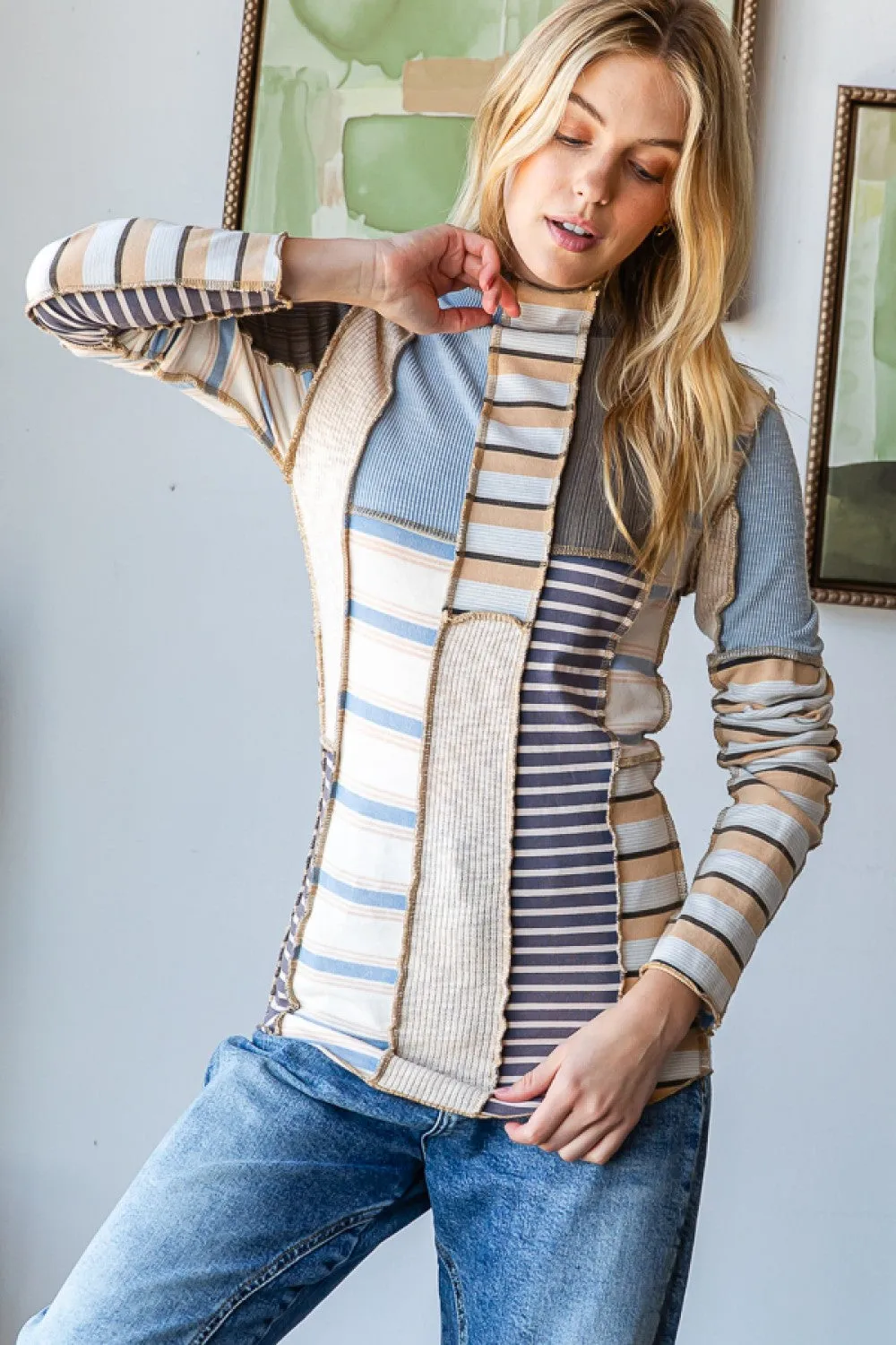 Long Sleeve Mocked Mixed Print Top