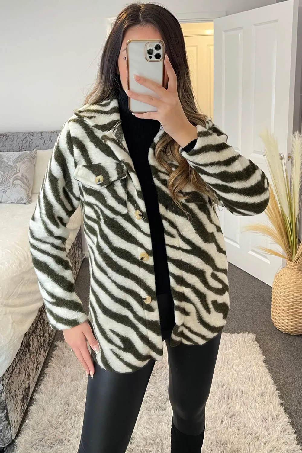 Louise Khaki and White Zebra Print Knitted Oversized Shacket
