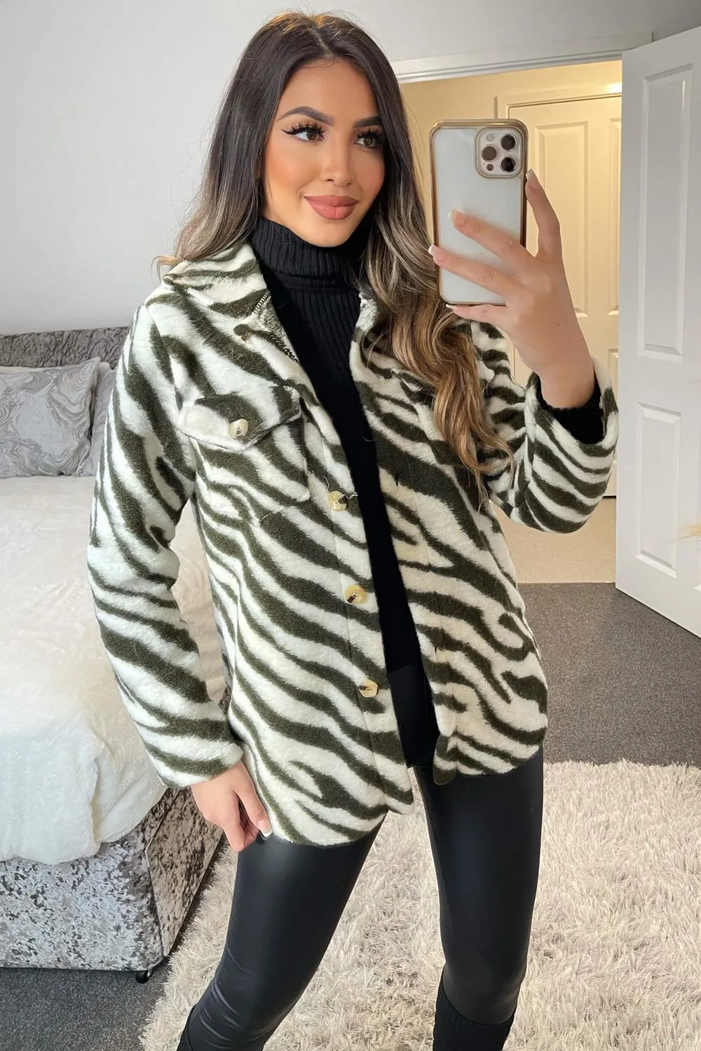 Louise Khaki and White Zebra Print Knitted Oversized Shacket