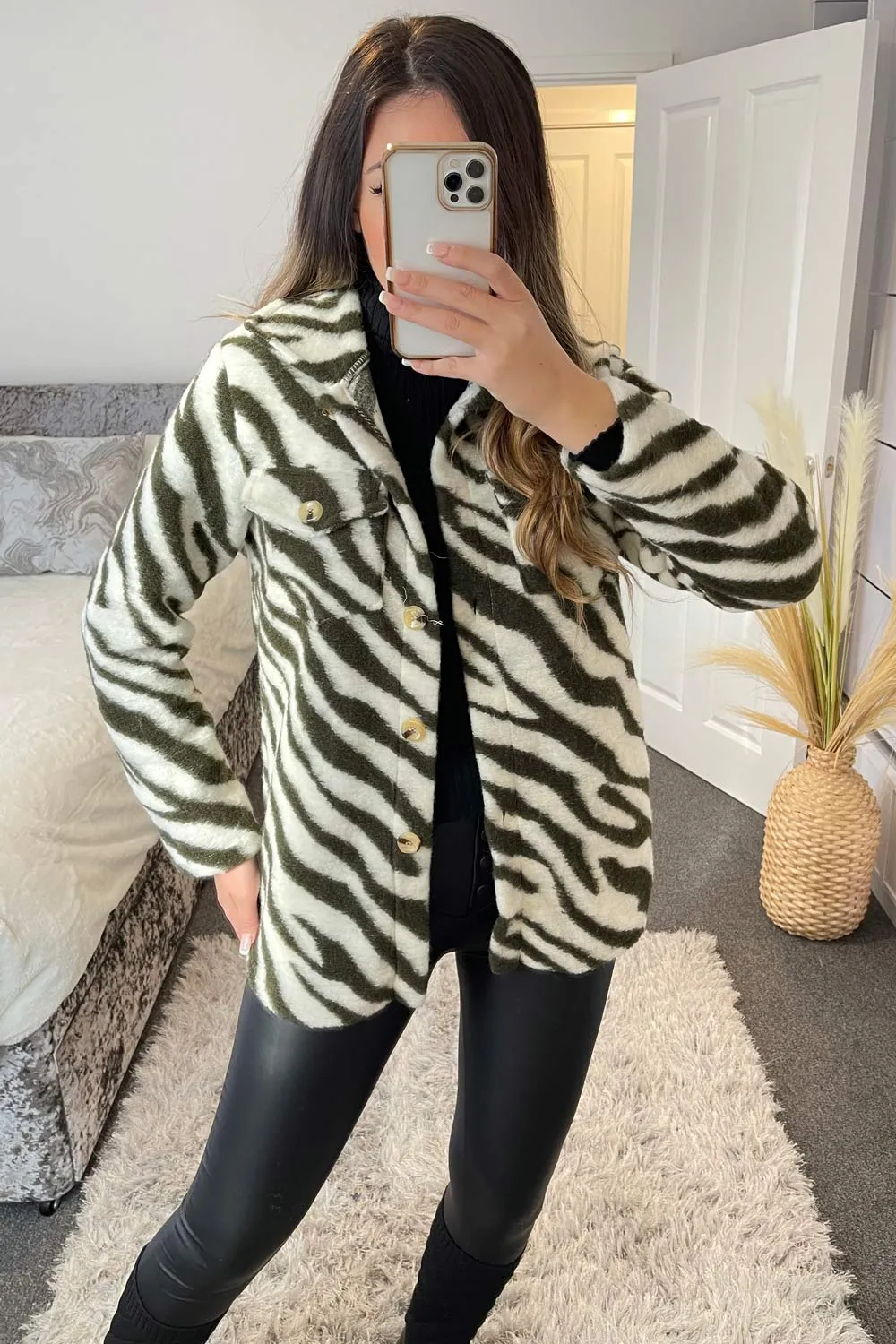 Louise Khaki and White Zebra Print Knitted Oversized Shacket