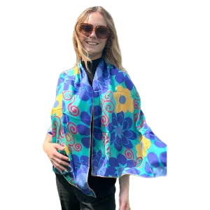 Mustard Buds on Blue Fashion Statement Scarf,	24x64", Silk, Hand Hemmed