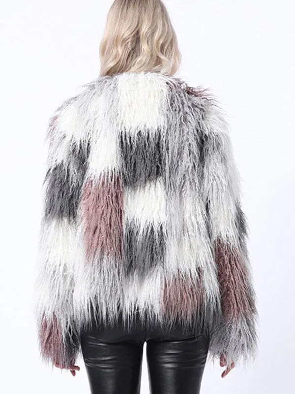 New Faux Fur Coats For Women Long Sleeves Tie Dye Oversized Jewel Neck White Winter Coat