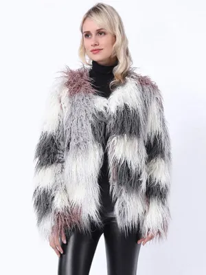 New Faux Fur Coats For Women Long Sleeves Tie Dye Oversized Jewel Neck White Winter Coat
