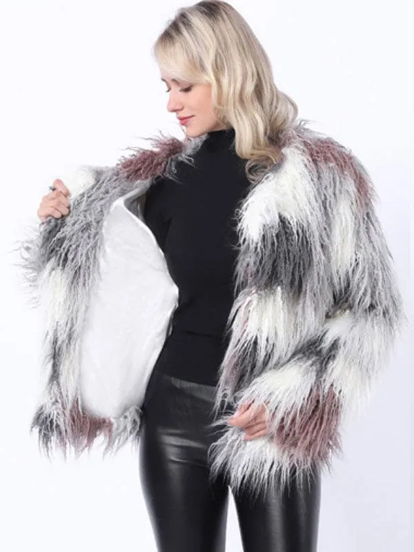 New Faux Fur Coats For Women Long Sleeves Tie Dye Oversized Jewel Neck White Winter Coat