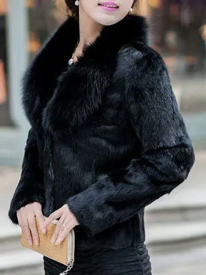 New Faux Fur Coats For Women Long Sleeves V-Neck Black Casual Winter Coat