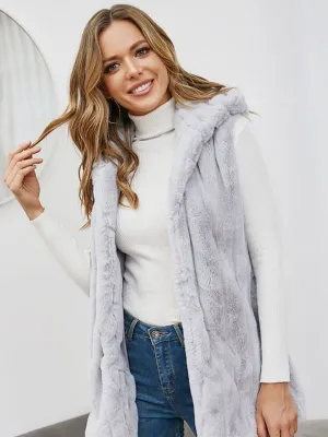 New Faux Fur Coats For Women Sleeveless Casual Oversized Hooded Light Gray Winter Coat