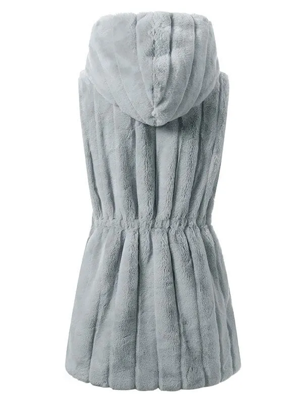 New Faux Fur Coats For Women Sleeveless Casual Oversized Hooded Light Gray Winter Coat