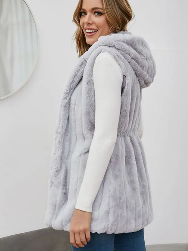 New Faux Fur Coats For Women Sleeveless Casual Oversized Hooded Light Gray Winter Coat