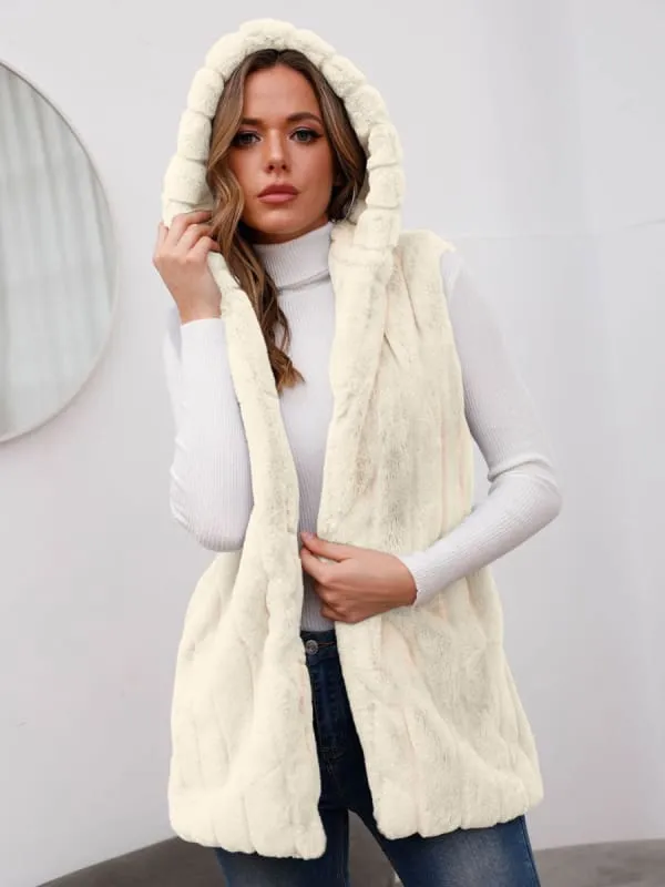 New Faux Fur Coats For Women Sleeveless Casual Oversized Hooded Light Gray Winter Coat