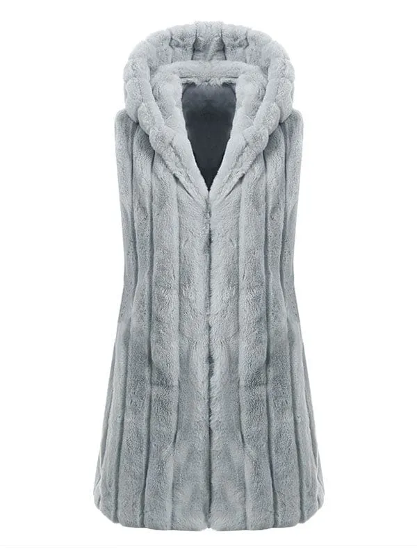 New Faux Fur Coats For Women Sleeveless Casual Oversized Hooded Light Gray Winter Coat
