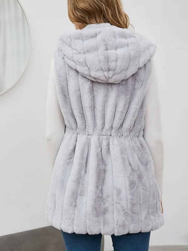 New Faux Fur Coats For Women Sleeveless Casual Oversized Hooded Light Gray Winter Coat