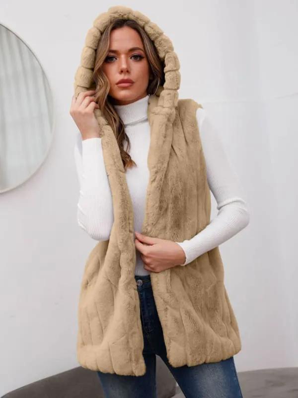 New Faux Fur Coats For Women Sleeveless Casual Oversized Hooded Light Gray Winter Coat
