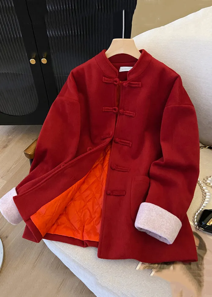 New Red Stand Collar Button Pockets Thick Woolen Coats Winter QG033