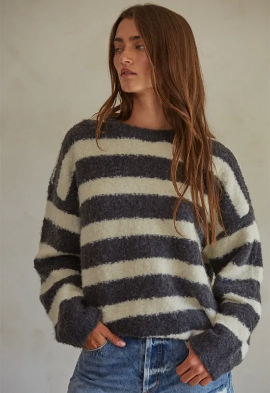 Striped Pullover Sweater - Charcoal Cream
