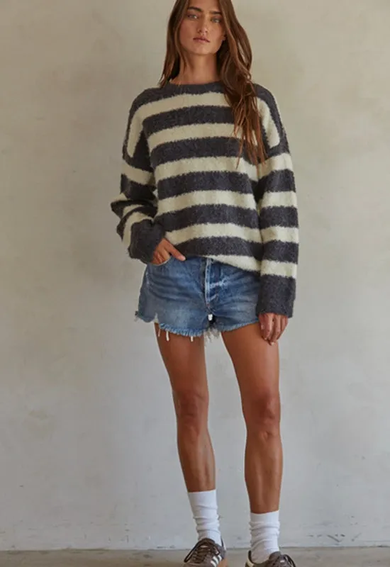 Striped Pullover Sweater - Charcoal Cream