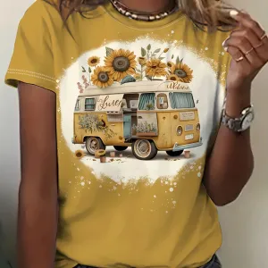 Sunflower & Vintage Car Print Casual T-shirt for Women