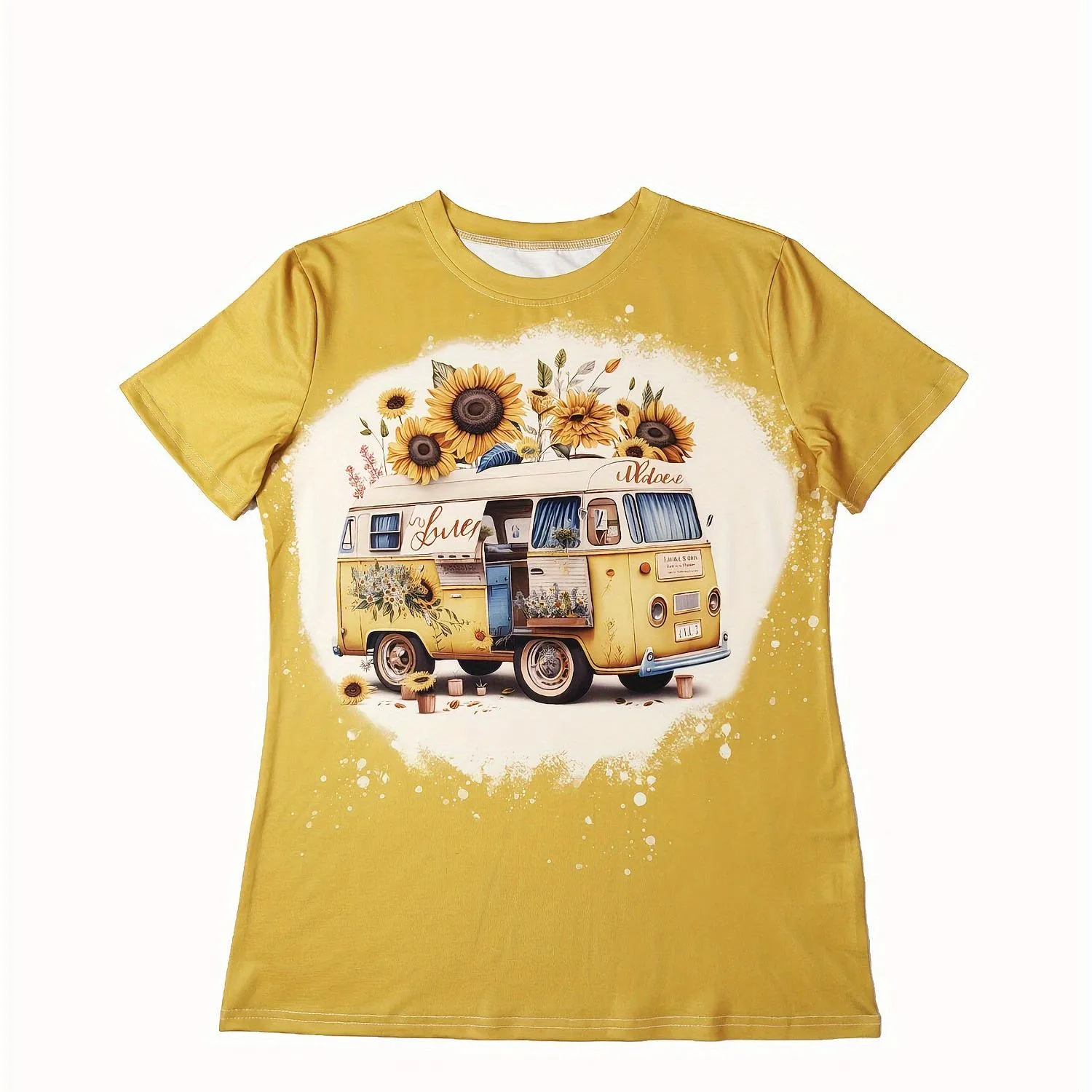 Sunflower & Vintage Car Print Casual T-shirt for Women