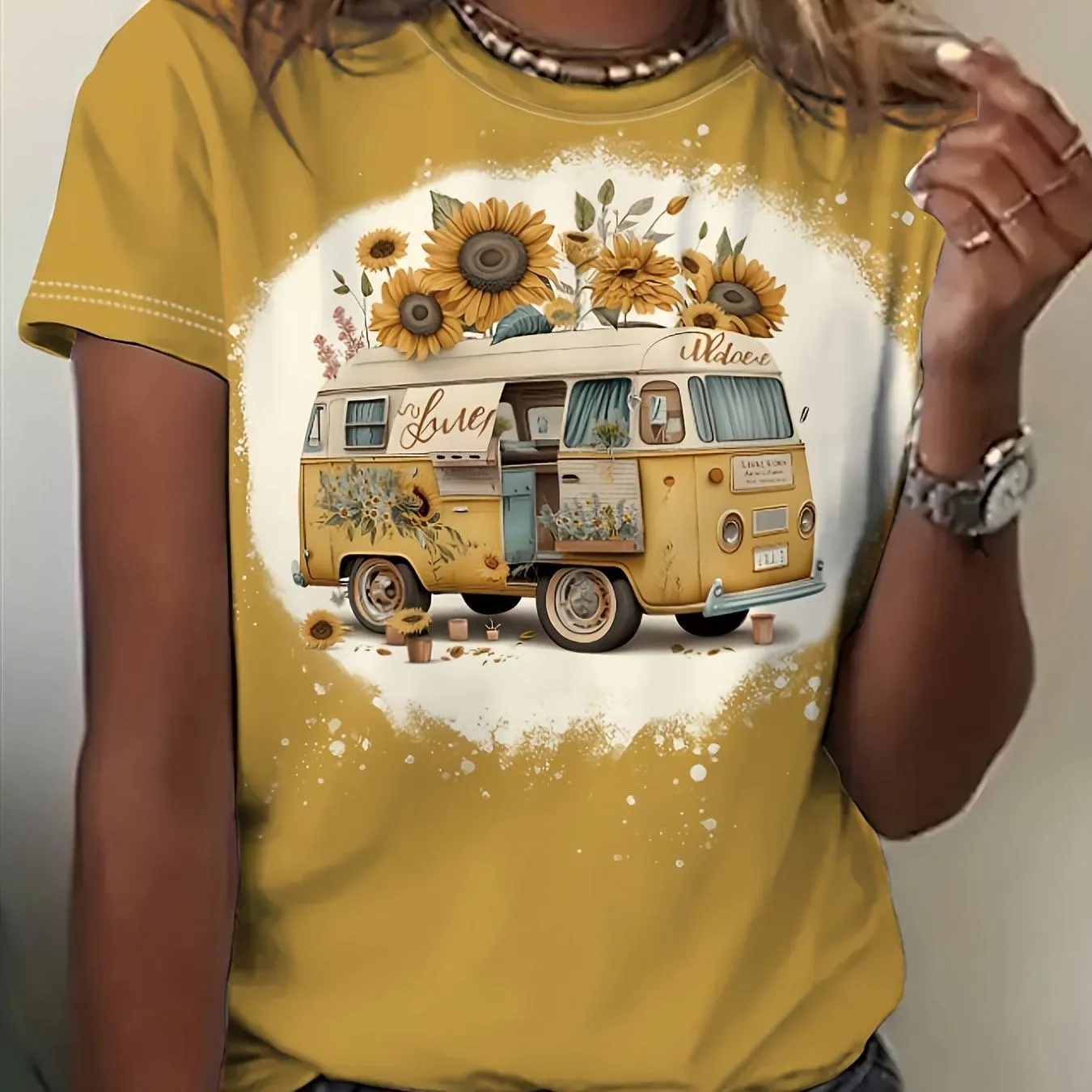 Sunflower & Vintage Car Print Casual T-shirt for Women