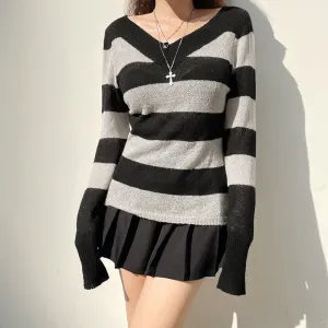 V Neck Stripe Long Sleeve Knitted Sweater Tops Casual Basic Vintage Autumn Pullover Top