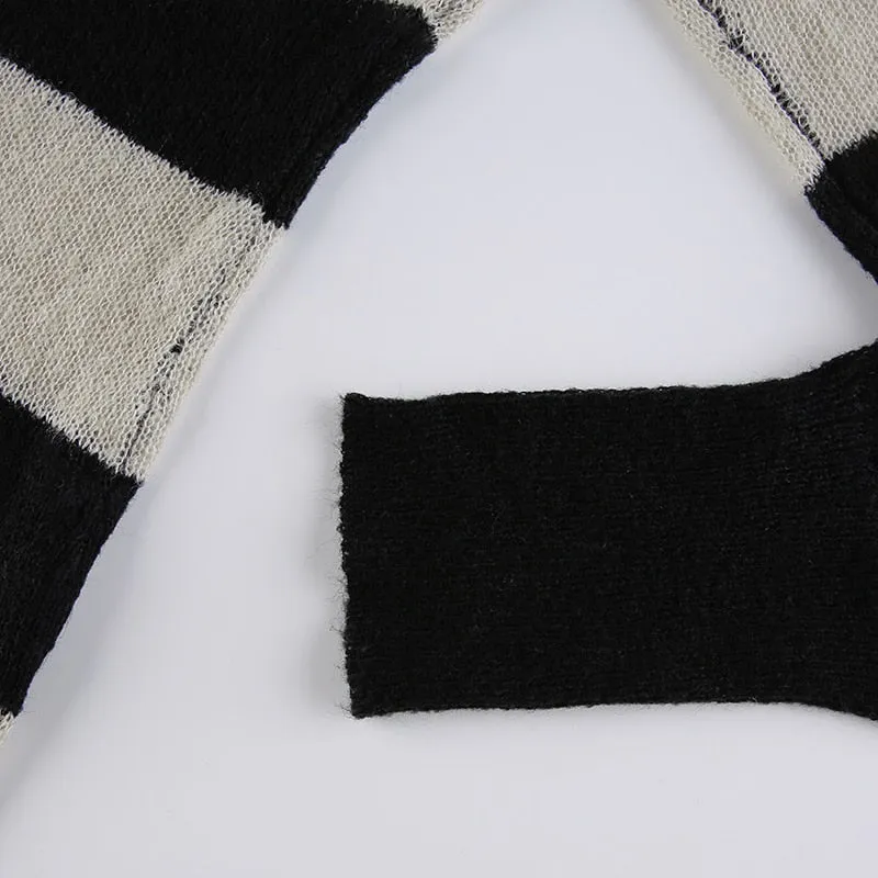 V Neck Stripe Long Sleeve Knitted Sweater Tops Casual Basic Vintage Autumn Pullover Top