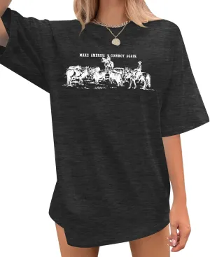 Western Shirts for Women Oversized Cowgirl T-Shirt Make America Cowboy Again Shirt Vintage Rodeo Tees