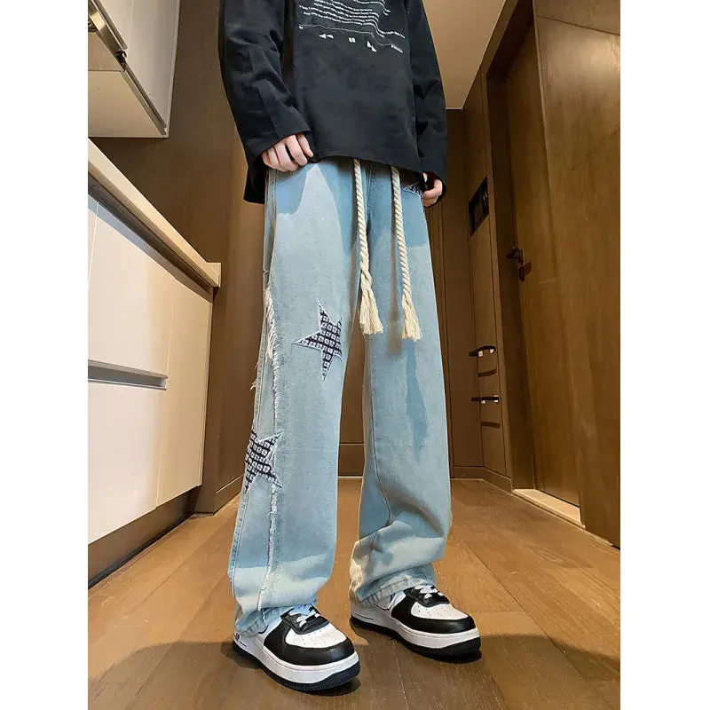 Wiaofellas  -  Autumn New Star Embroidery Burrs Patchwork Jeans Fashion Streetwear Loose Straight-leg Denim Pants for Men and Women 5XL-M