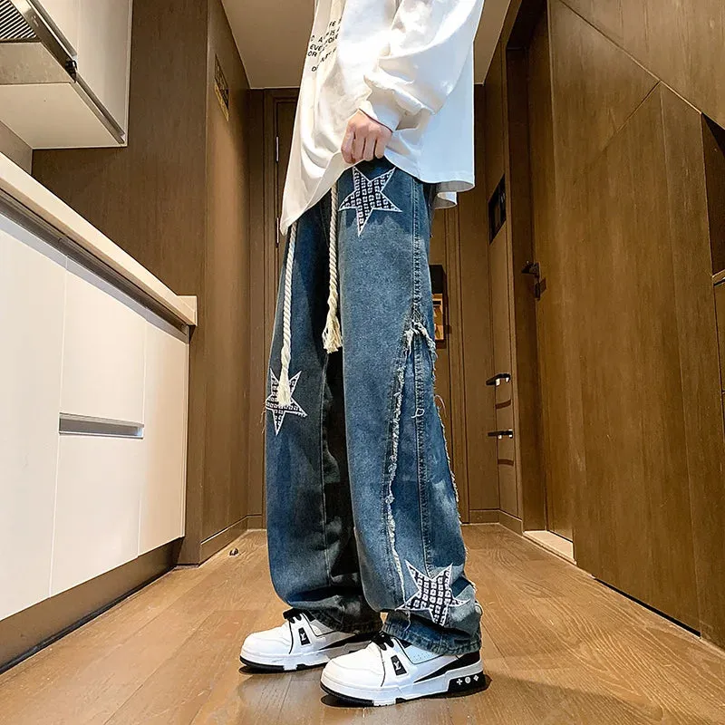 Wiaofellas  -  Autumn New Star Embroidery Burrs Patchwork Jeans Fashion Streetwear Loose Straight-leg Denim Pants for Men and Women 5XL-M