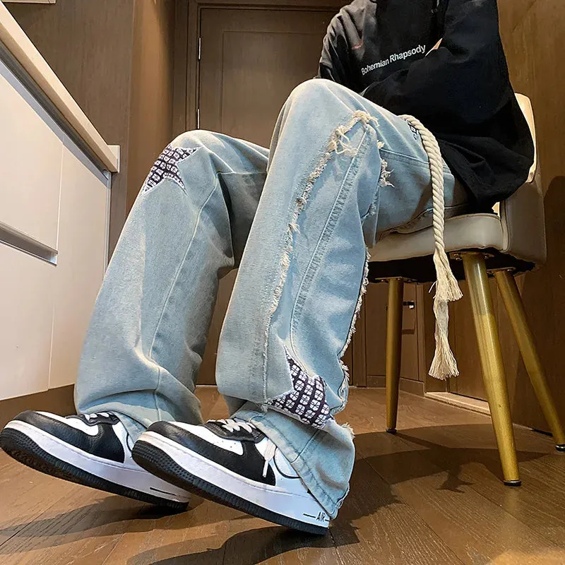 Wiaofellas  -  Autumn New Star Embroidery Burrs Patchwork Jeans Fashion Streetwear Loose Straight-leg Denim Pants for Men and Women 5XL-M