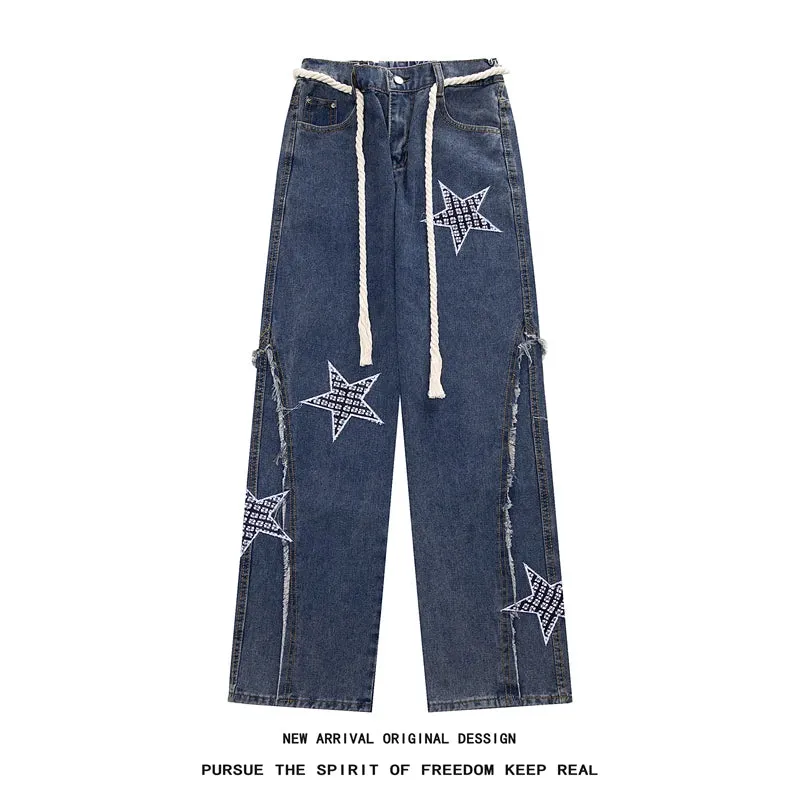 Wiaofellas  -  Autumn New Star Embroidery Burrs Patchwork Jeans Fashion Streetwear Loose Straight-leg Denim Pants for Men and Women 5XL-M