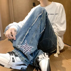 Wiaofellas  -  Autumn New Star Embroidery Burrs Patchwork Jeans Fashion Streetwear Loose Straight-leg Denim Pants for Men and Women 5XL-M