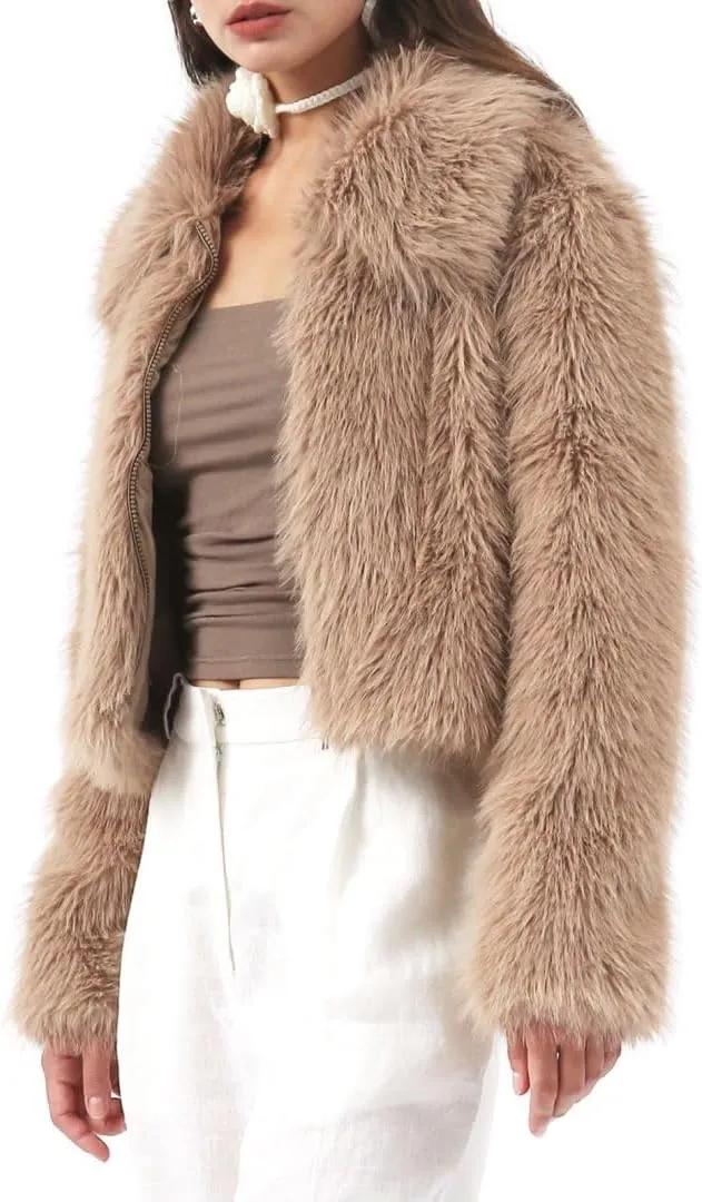 Women's Faux Fur Zip-Up Cropped Jacket