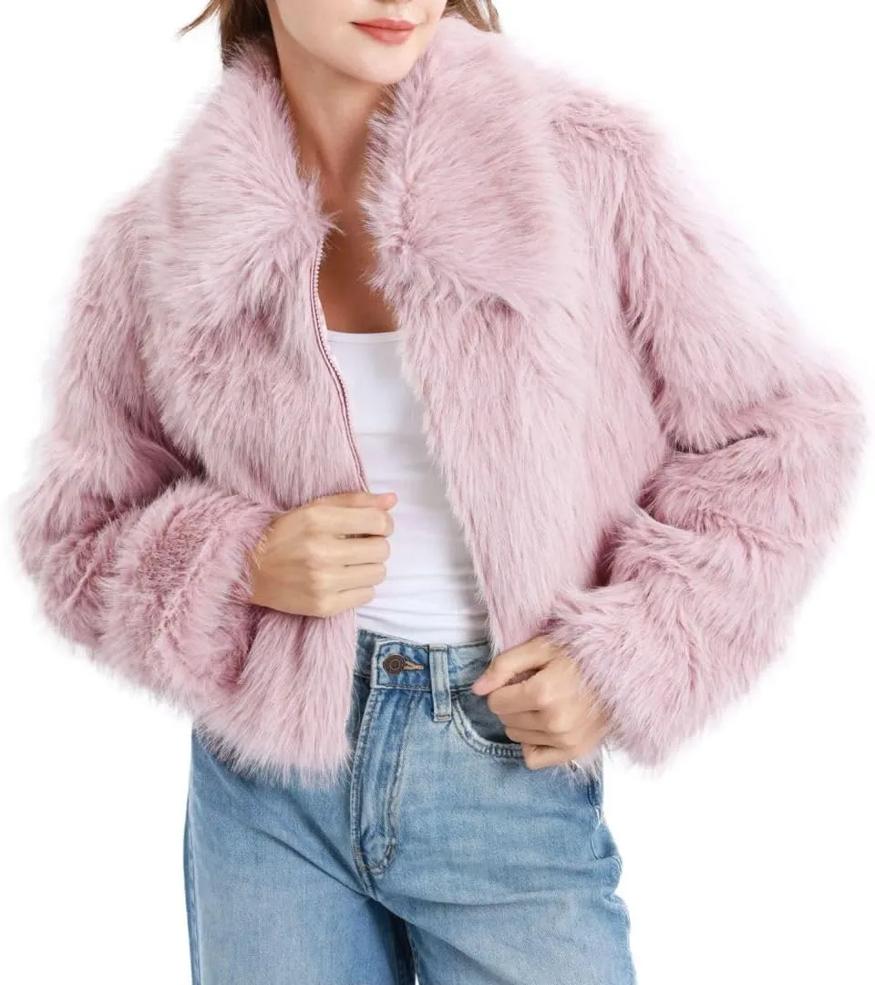 Women's Faux Fur Zip-Up Cropped Jacket