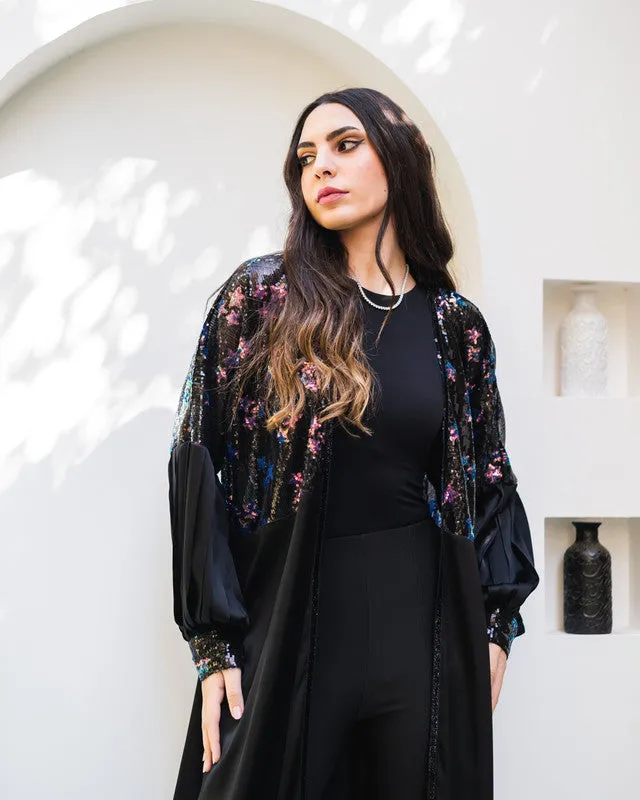 Women's Pure Satin Black Stars Cardigan - Elegant Black Color Top - Made in Egypt - One Size Fit